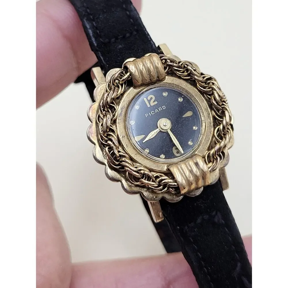Vintage Picard Women’s Cocktail Watch Gold Tone Rope Bezel Scalloped Edge 1950